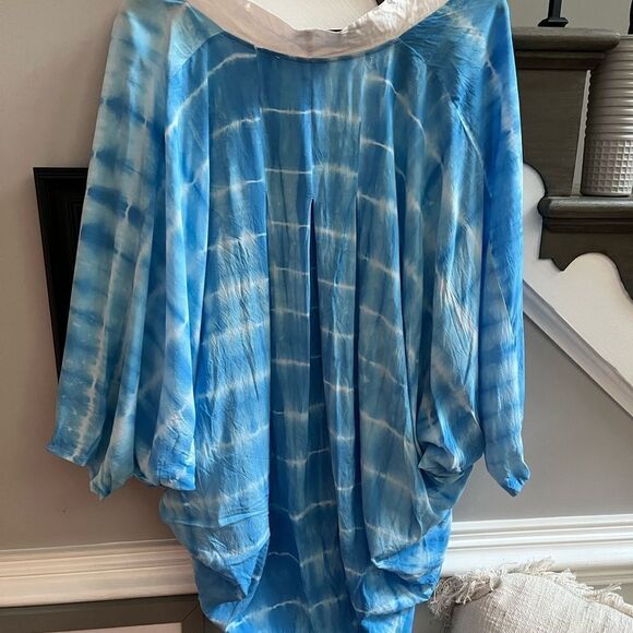 Weekend by Suzanne Betro Blue Tie Dye Rayon Circle Open Kimono sz L - Picture 4 of 5